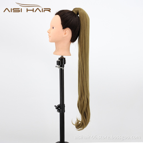 Aisi Hair Vendor Wholesale Long Straight Curly Wave End Magic Paste Brown Ponytail Drawstring Synthetic Ponytail Hair Extension